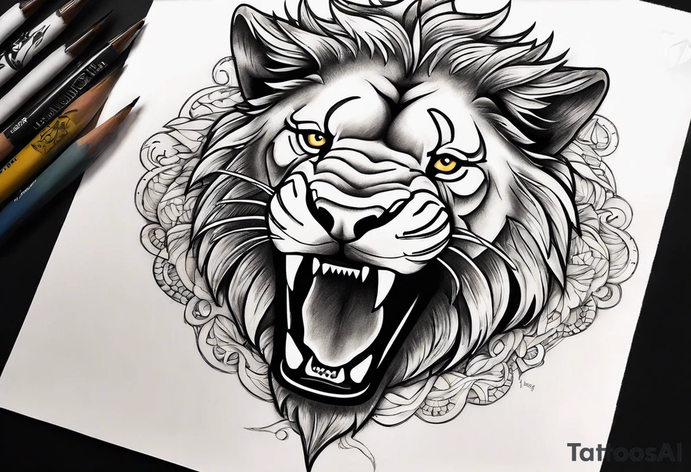 Half a lion half a shark back tattoo with the words “independent from birth” tattoo idea