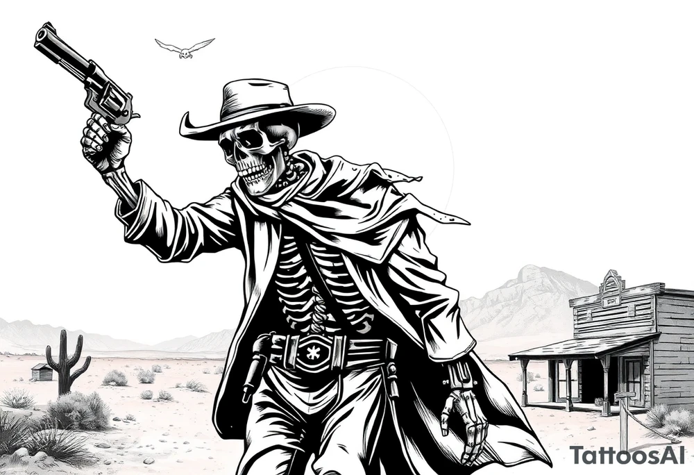 In the heart of a ghost town swallowed by the desert, a lone figure strides through the dust — a skeletal gunslinger risen from legend. Sun-bleached bones glint beneath his tattered duster, and wind whips around him like whispers of forgotten duels. With one bony hand, he pulls down a worn bandana, revealing a grinning skull locked in a permanent, menacing sneer. In the other hand, he raises a heavy, timeworn revolver, smoke coiling from its barrel as if it remembers every soul it's sent to the underworld. Behind him, the desert sky burns with the fire of a setting sun, casting long shadows of death and justice. tattoo idea