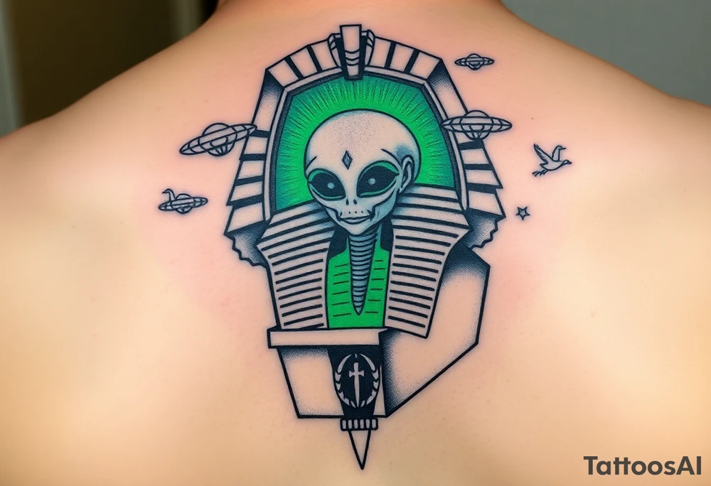 "Pharaoh's sarcophagus opening to reveal a grey alien. Floating UFOs are shaped Impalas .  

Style: Neo-traditional tattoo with glitch effects. Colors: turquoise/black/neon green." tattoo idea