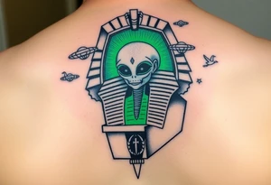 "Pharaoh's sarcophagus opening to reveal a grey alien. Floating UFOs are shaped Impalas .  

Style: Neo-traditional tattoo with glitch effects. Colors: turquoise/black/neon green." tattoo idea