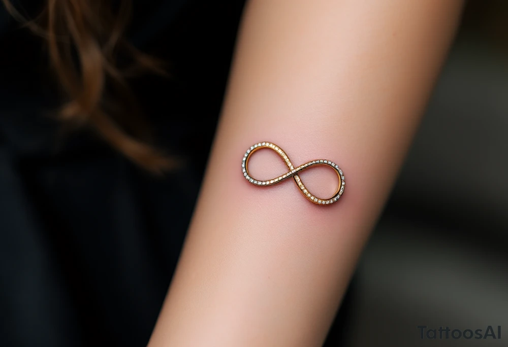 An infinity symbol made of two interlocking wedding bands, shaded in gold and platinum, with tiny diamond sparkles. tattoo idea