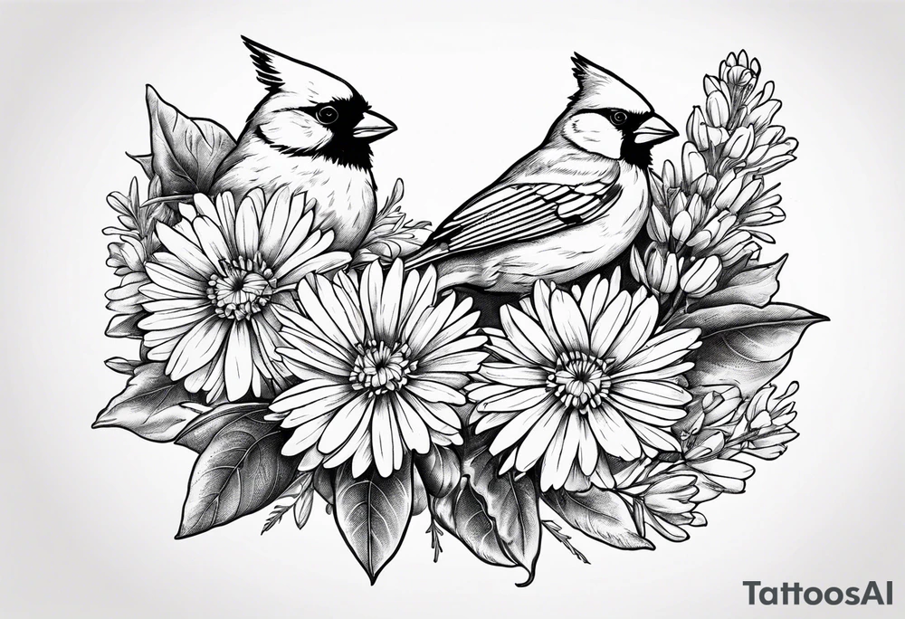 Bouquet of Aster flowers and sea rocket flowers with a cardinal around the words Dad tattoo idea
