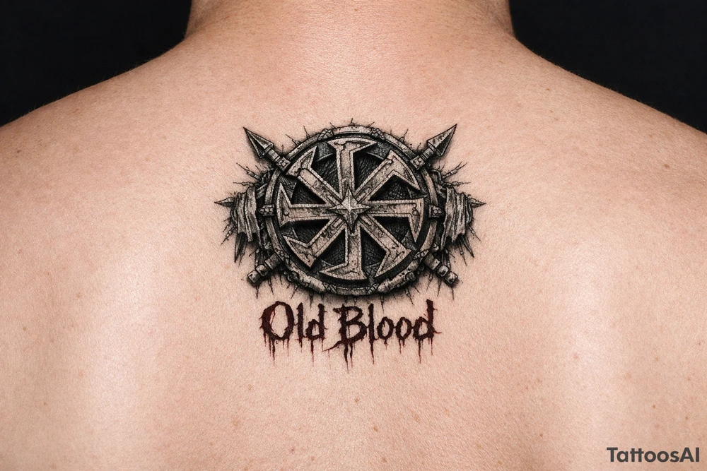 Old pagan Slavic kolovrat with Old Blood written in blood tattoo idea