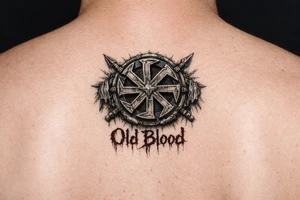 Old pagan Slavic kolovrat with Old Blood written in blood tattoo idea