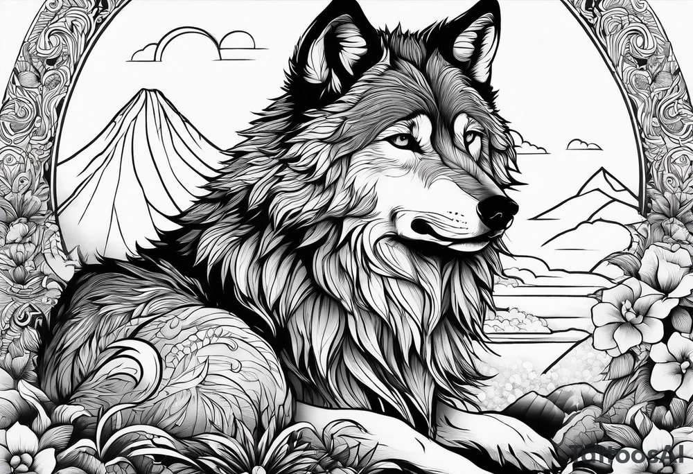 strength, small, sitting young wolf, elegant, sun, lenghty tattoo idea