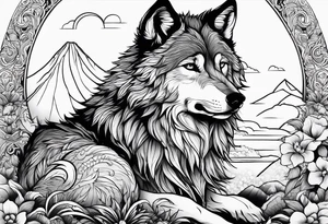 strength, small, sitting young wolf, elegant, sun, lenghty tattoo idea