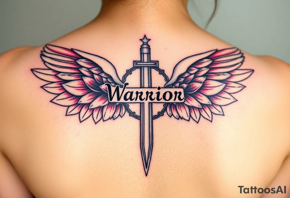 lotus flowers beautiful bold angel wing with word "Warrior" vintage cross crown of thorns tattoo idea