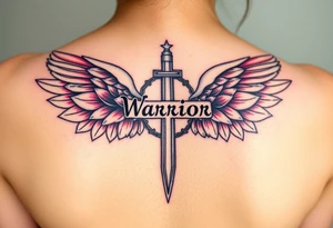 lotus flowers beautiful bold angel wing with word "Warrior" vintage cross crown of thorns tattoo idea