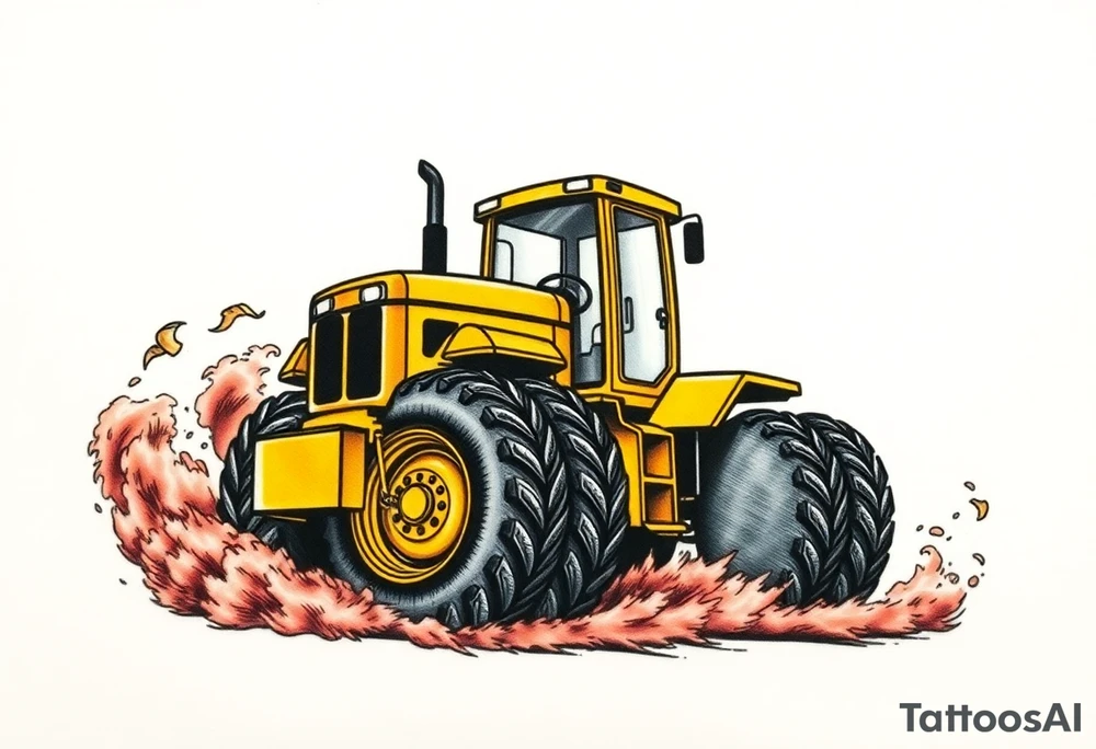 A hyper-realistic yellow tractor in motion, dust swirling around its massive tires. tattoo idea