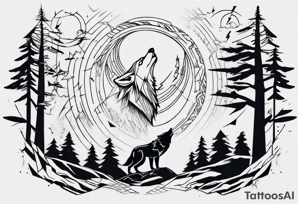 lightning over forest with wolf howling on drum tattoo idea lightning over forest with wolf howling on drum tattoo idea