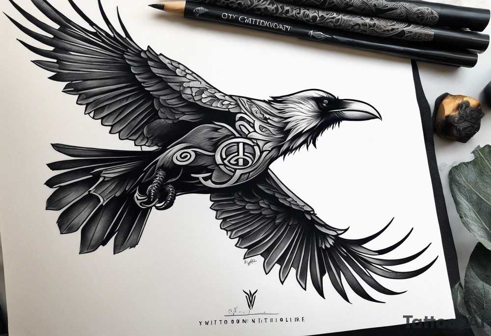 Symbol for Odin down the spine with a raven or two on the upper back or shoulder blades. Realistic or neo traditional style. Soft black and greys with natural skin showing though the art tattoo idea