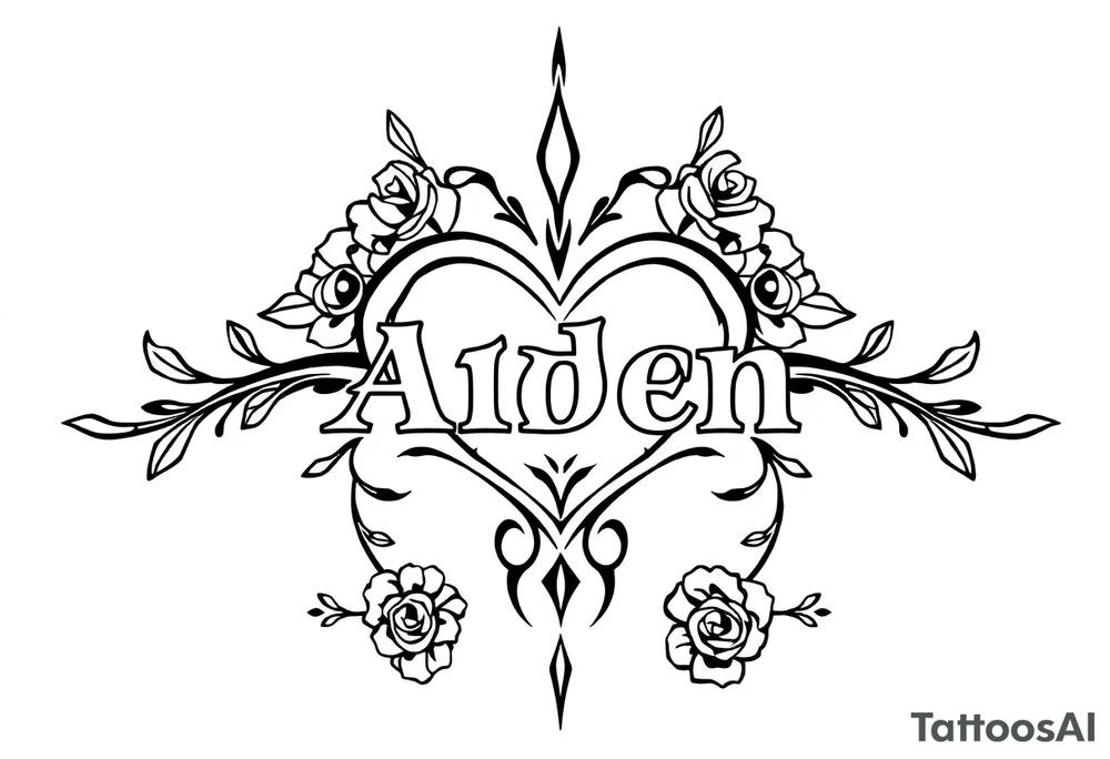 The name Aiden hearts and roses and vines tattoo idea