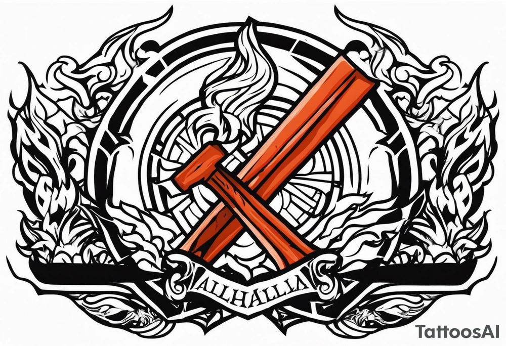 valhalla on fire sword shield axe warrior tattoo idea