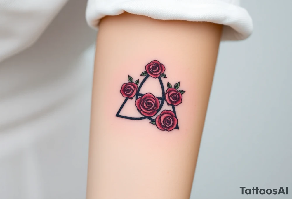 Triquetra with a flower crown going through it made out of tiny maroon and rose blush colored roses tattoo idea