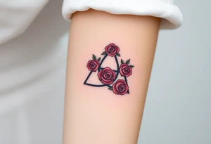 Triquetra with a flower crown going through it made out of tiny maroon and rose blush colored roses tattoo idea