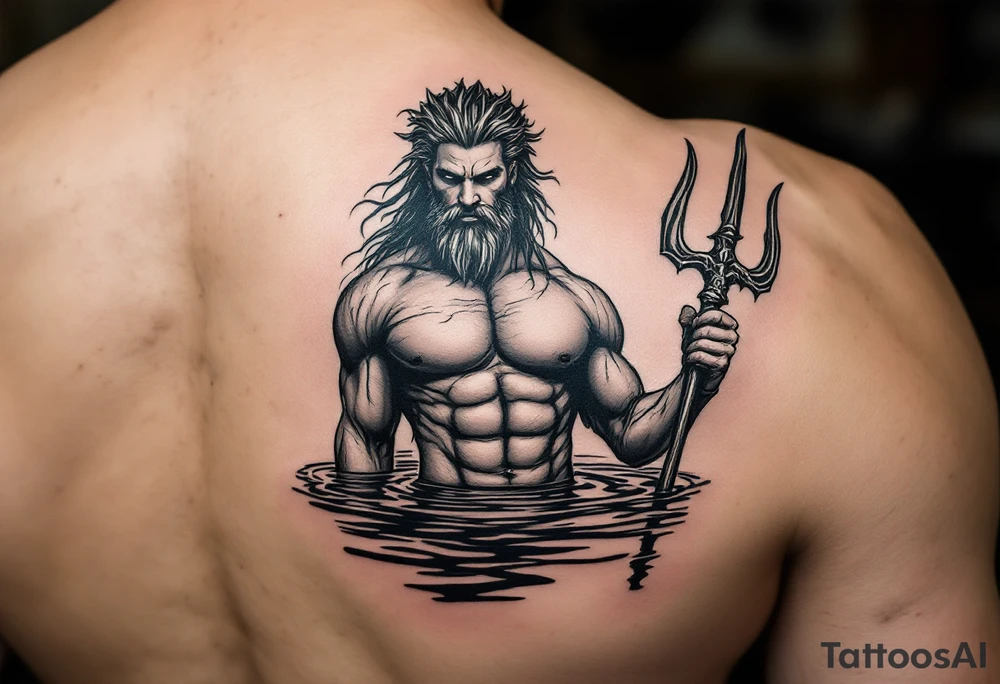 young, fit poseidon in calm water, holding a trident, holding a beer tattoo idea