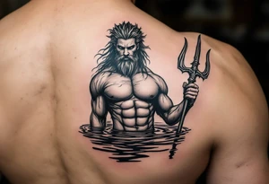 young, fit poseidon in calm water, holding a trident, holding a beer tattoo idea