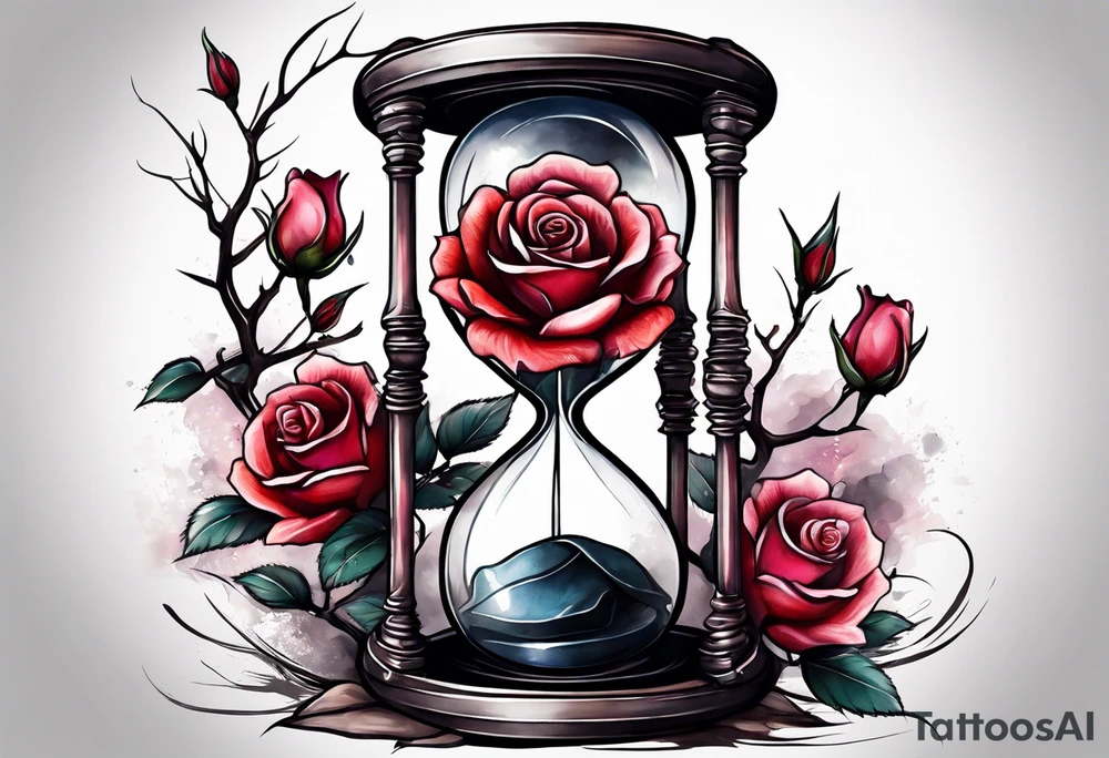 Rose on hourglass with sakura tree inside tattoo idea