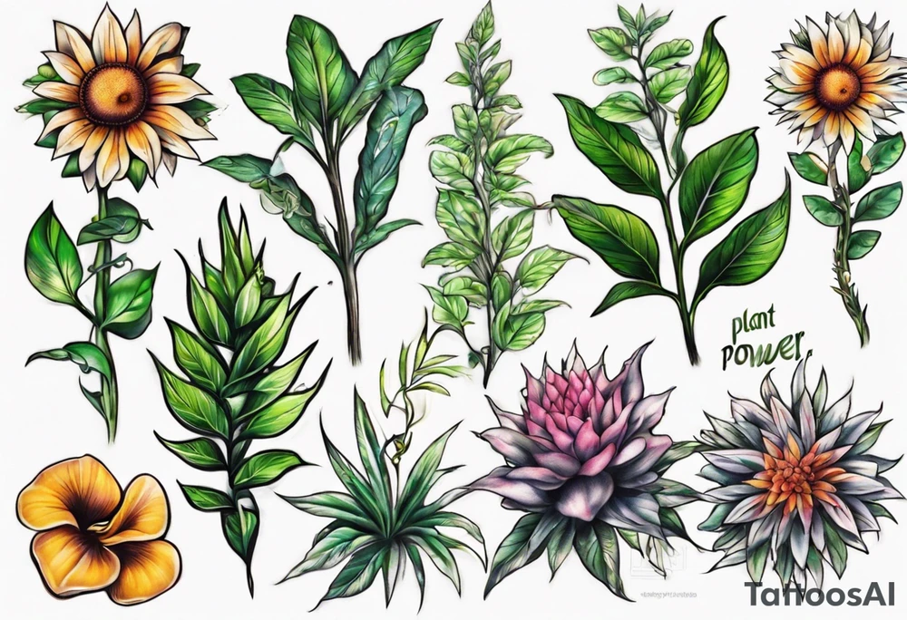 Words “Plant Power” with plants tattoo idea