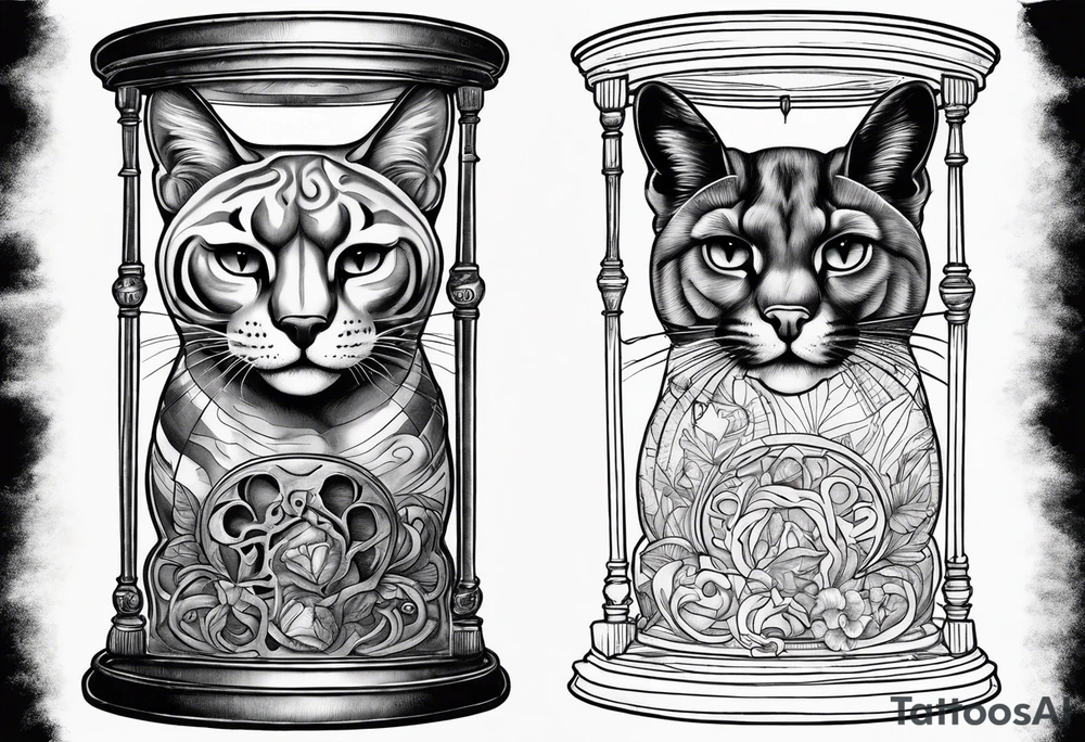 Brain in sagittal section and cougar cat face inside hourglass. Brain in lower level, coguar in an upper level tattoo idea