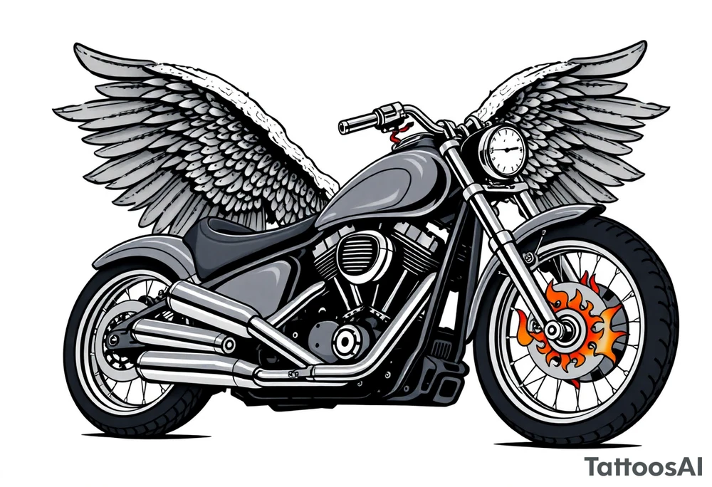 Low rider grey motorcycle, big muffler pipes with flames, angel wings, driving away, no person tattoo idea