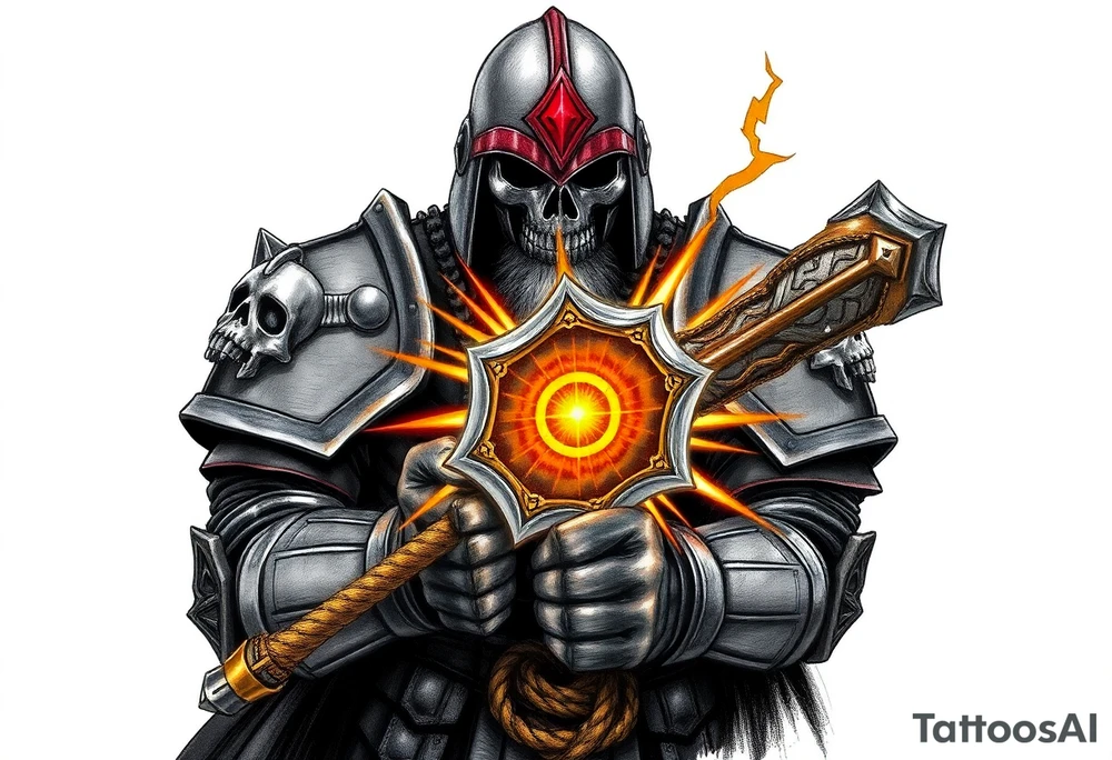 Warhammer, the Old World. A warrior priest of Sigmar holding "The Warhammer of Sigmar" or known as Ghal Maraz. The Warhammer of Sigmar is radiating thunderous energy. The warhammer is held by the warrior priest with both gripping hands at the shaft, upon his chest level. The Warrior priest is wearing dark alloyed heavy armour (reference armor from warhammer vermintide 2 Victor Saltzpyres, the warrior priest of Sigmar class) with skull sigils on his shoulder pads. The warrior priest is wearing a helmet, while the helmets front visor has an humanoid metal face covering. The helmet and armour are gladened with hints of gold and crimson red. The Warhammer is silverish and golden with a long shaft with twisted carvings. tattoo idea