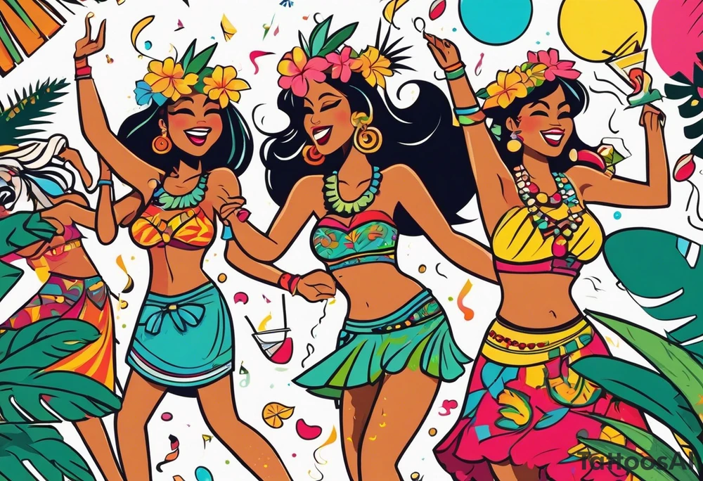 TIKI beach  dance party scene with tropical drinks, sexy girls dancing, music notes, confetti tattoo idea