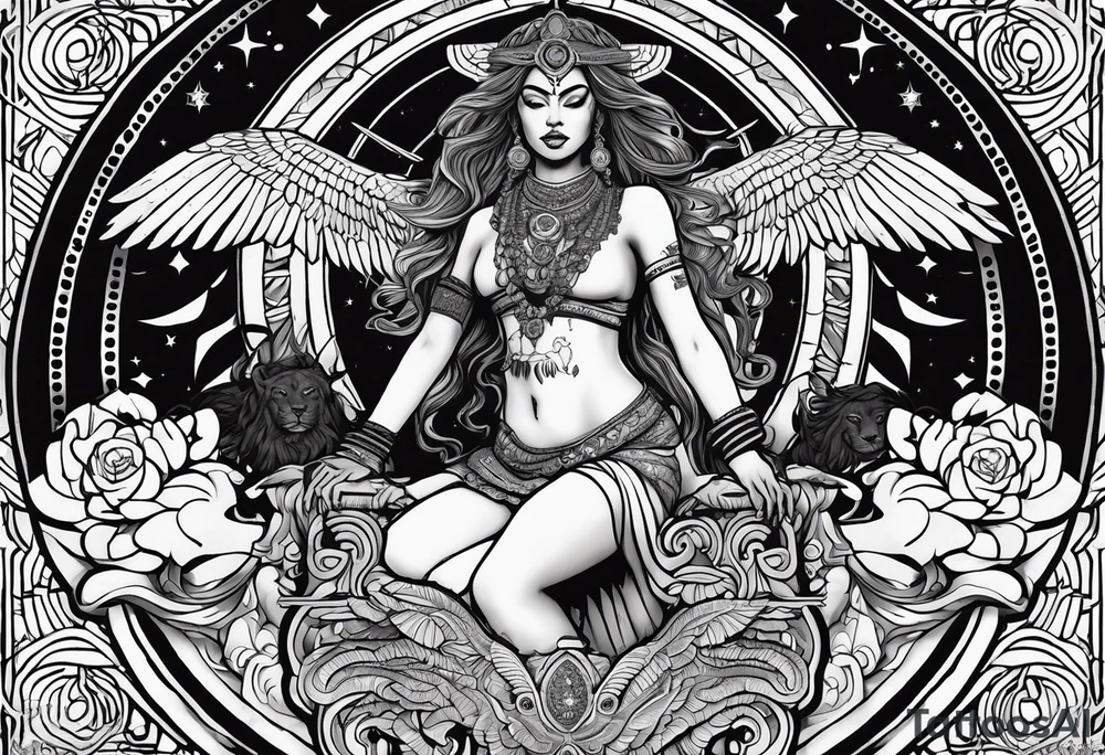 black kali, goddess pirate, alien, angel, pachamama, valkrye, warrior, flying, skull, lotus azul, wing, eagle, zenza resonance, stars, 5D, anahata chakra, death, durga, riding on a tiger, flying lady, kundalini, chest tatoo, rebel tattoo idea