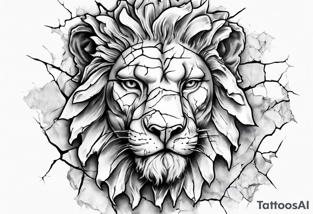 cracked Face of david statue with lion features in the cracks tattoo idea