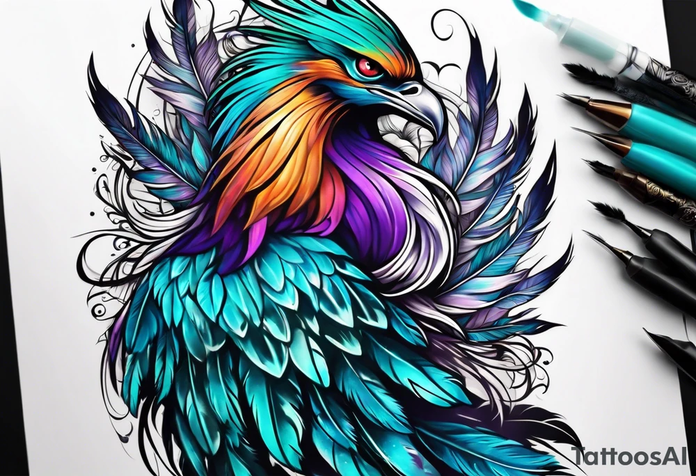 Phoenix on hip down into thigh with feathers that have teal purple and blue tattoo idea