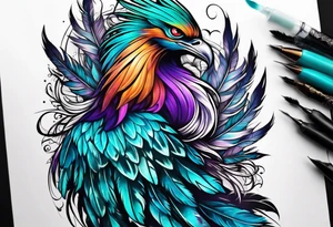 Phoenix on hip down into thigh with feathers that have teal purple and blue tattoo idea