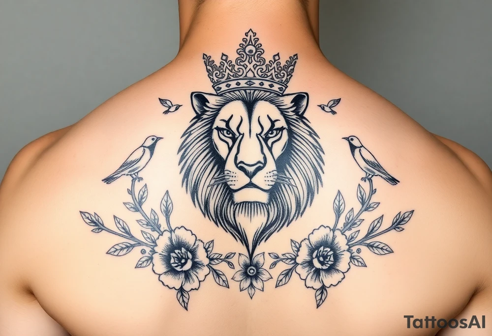 powerful majestic lion with a crown, surrounded by floral ornaments and birds tattoo idea