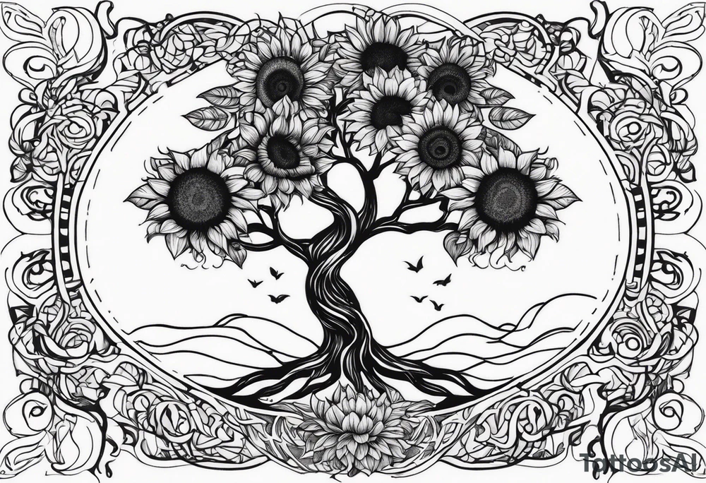 Feminine Yggdrasil tree with two sunflowers tattoo idea
