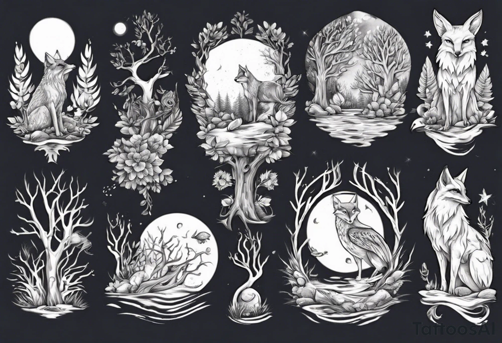 sonne, eule  wald, fuchs 
baum, sapere aude, Wasser, fisch tattoo idea