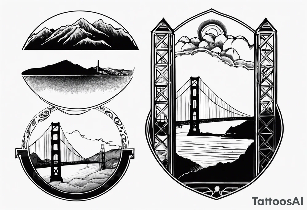 Golden Gate Bridge with fog rolling in with Marin hills in the background tattoo idea
