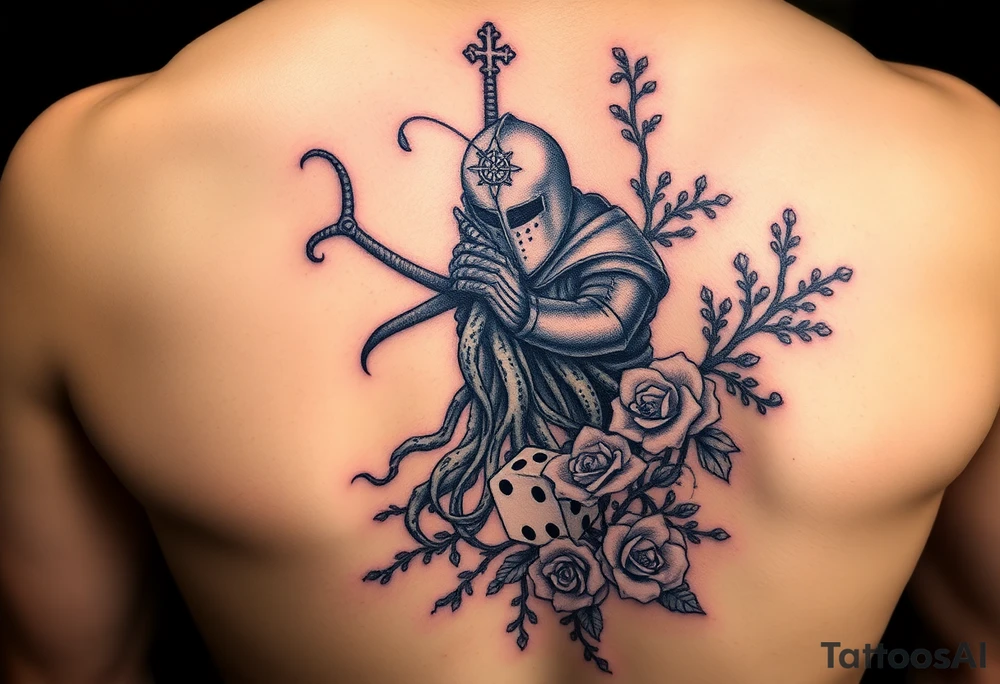 squid and knight combined with tree roots, cherry blossoms and roses rolling dice tattoo idea