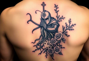 squid and knight combined with tree roots, cherry blossoms and roses rolling dice tattoo idea