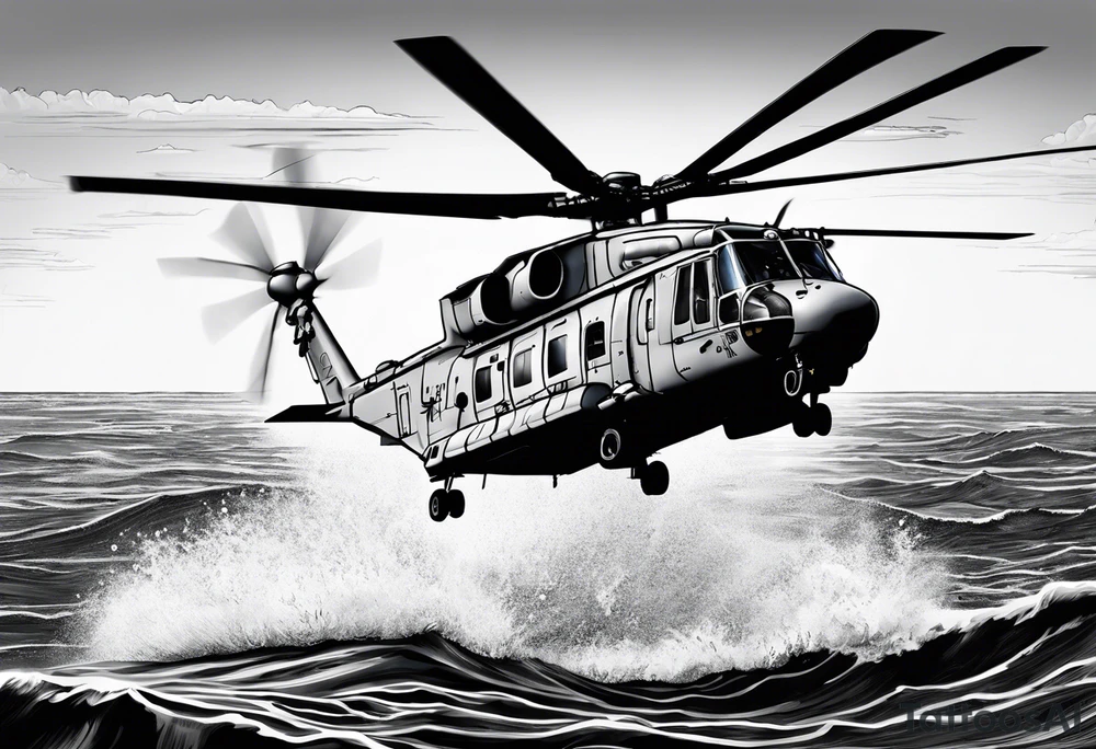canadian military grey helicopter cyclone CH-148, a helicopter flying over rough water, Clear sky, sunset
, military art, ocean specular, highly detailed background, poppy flower tattoo idea
