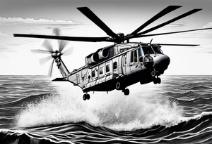 canadian military grey helicopter cyclone CH-148, a helicopter flying over rough water, Clear sky, sunset
, military art, ocean specular, highly detailed background, poppy flower tattoo idea