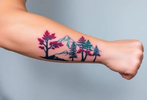 Lower forearm, trees with mountains in background, leaves on the trees are pink, purple, teal, red tattoo idea