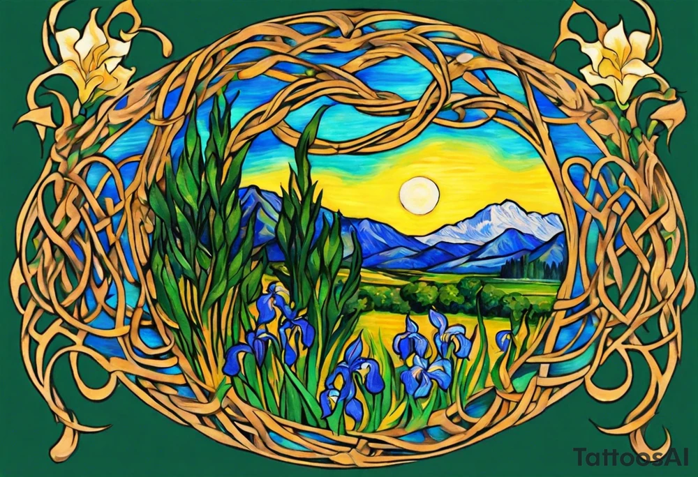Create a colorful Vincent van Gogh's Irises tattoo, with vines in Celtic knots gracefully holding mountains in a wreath. The intended placement is on the upper chest. The overall design should be small in size while maintaining a delicate and artistic aesthetic. Pay attention to the graceful flow of the vines and the placement of the irises to achieve a refined and elegant look. tattoo idea
