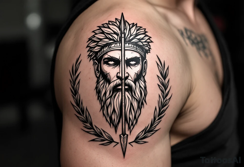 greek warrior that from his face come down a long arrow and surrounded by a olive tree leaf around tattoo idea