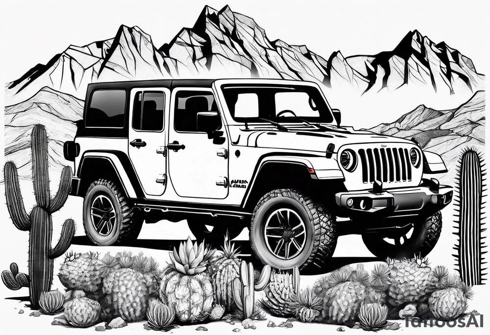 A dessert mountain with a jeep gladiator beside a cactus donkey tattoo idea