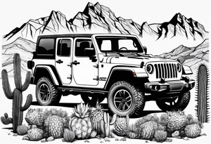 A dessert mountain with a jeep gladiator beside a cactus donkey tattoo idea