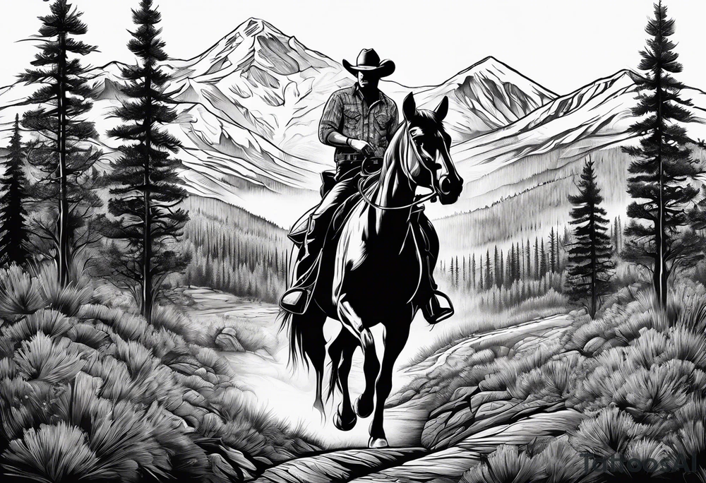 Cowboy with head down riding toward you with mountains aspen and pines tattoo idea