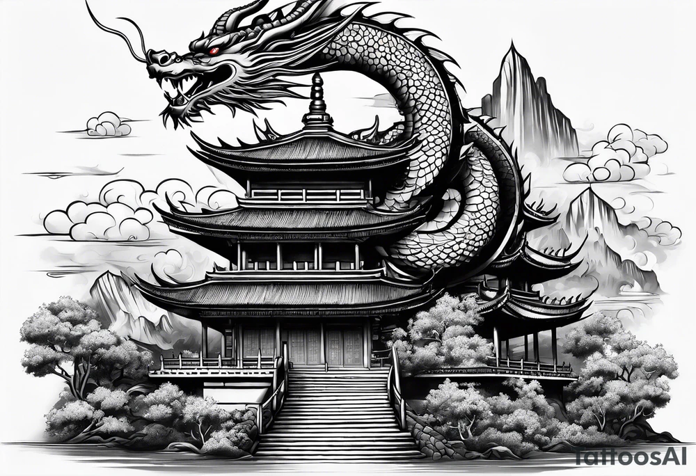 with a dragon coiling around a pagoda tattoo idea