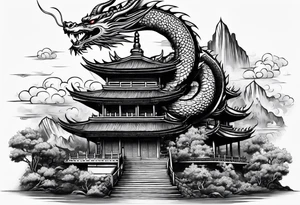 with a dragon coiling around a pagoda tattoo idea