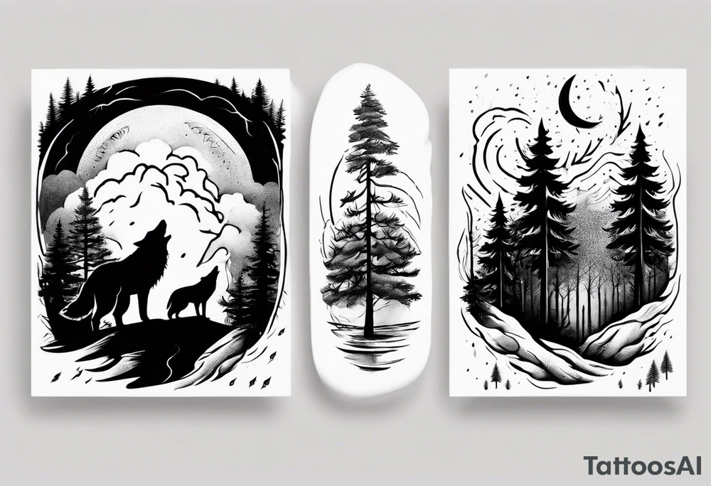 a thunderstorm over a forest and a wolf howling tattoo idea a thunderstorm over a forest and a wolf howling tattoo idea