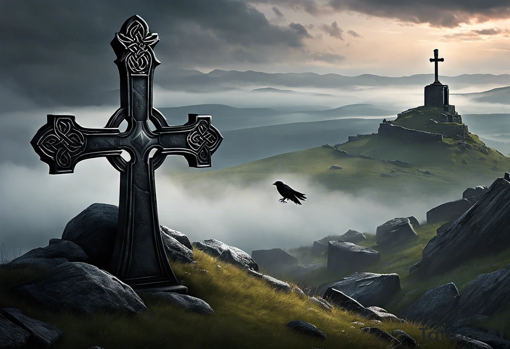 A stone Celtic cross solemnly standing atop a hill, a raven perches atop the cross staring out over the desolation. A ruined stone wall lies crumbling near the cross. Mist rolls along the hilltops adding to the melancholic nature of the scene tattoo idea