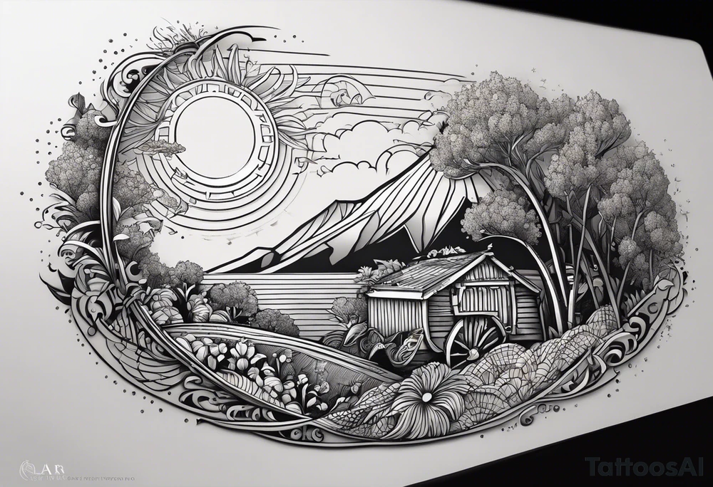 down the outside of the arm starting with a 3d solar representation of 10/01/2011, linear down to a rice grain representation, stylized sun with L.A.R hidden in it, a mischievous pixie or sprite with E.J.R hidden it in tattoo idea